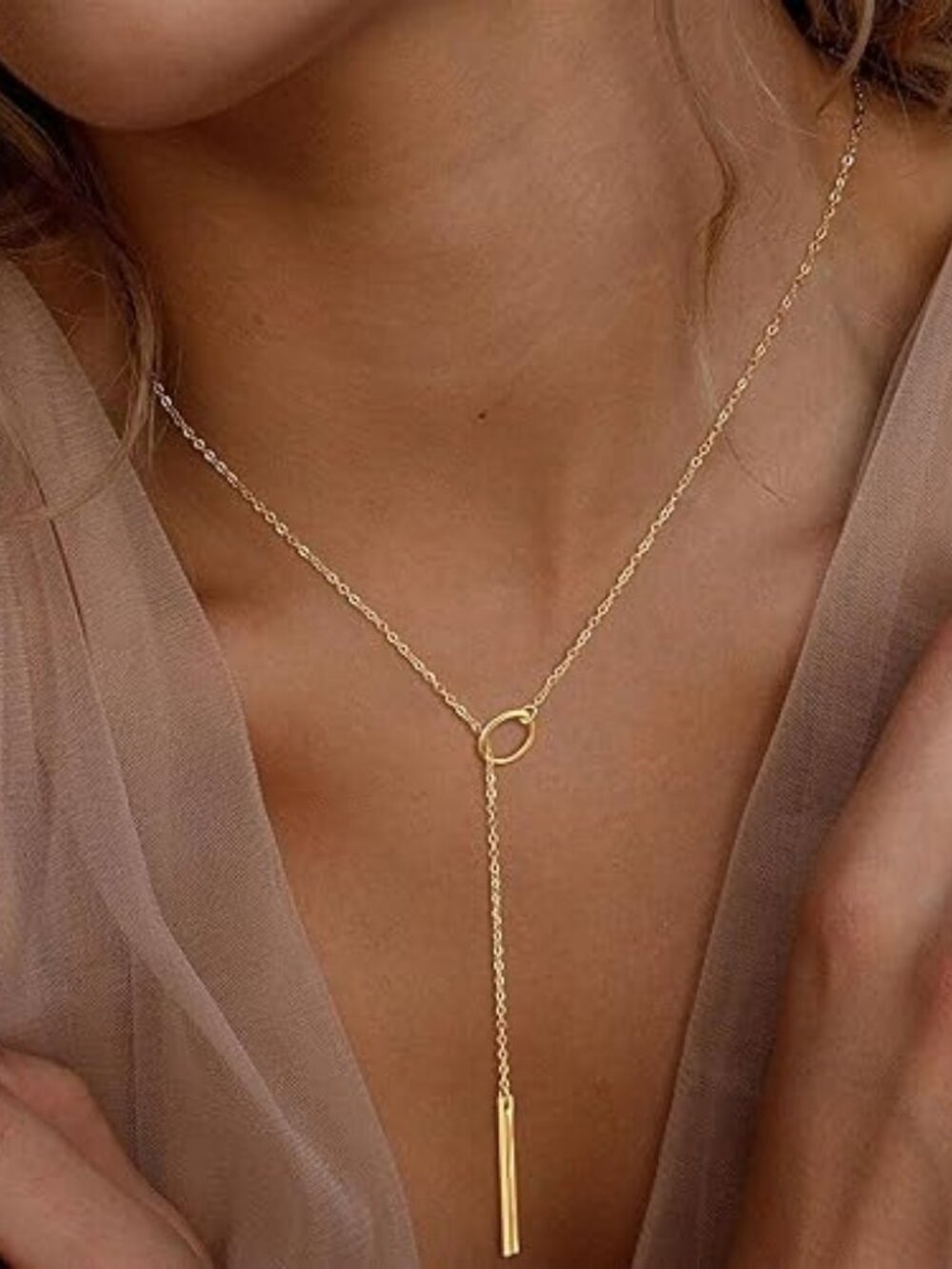 Dainty Lariat Y Necklace – 14K Gold/Silver Plated Layered Pendant Mother’s Day - Picture 3 of 7